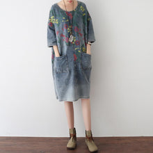 Load image into Gallery viewer, 2021 Autumn Oversize Denim Dresses Blooming Flowers Casual Denim Shirts