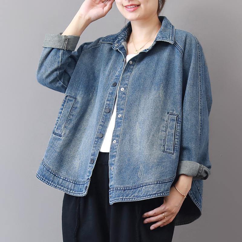 2019 autumn new casual denim blue cotton short coats plus size lapel collar wild tops coat