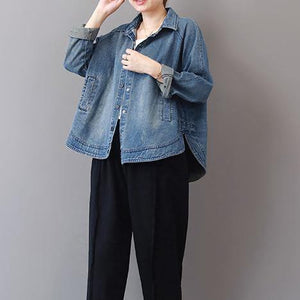 2019 autumn new casual denim blue cotton short coats plus size lapel collar wild tops coat