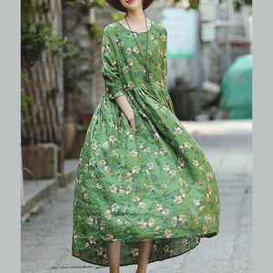 2018 green print natural linen dress Loose fitting O neck linen clothing dresses 2018 Three Quarter sleeve baggy dresses