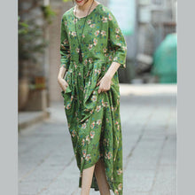 Load image into Gallery viewer, 2018 green print natural linen dress Loose fitting O neck linen clothing dresses 2018 Three Quarter sleeve baggy dresses