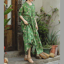 Load image into Gallery viewer, 2018 green print natural linen dress Loose fitting O neck linen clothing dresses 2018 Three Quarter sleeve baggy dresses