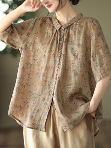 Plus Size Vintage Floral Ramie Casual Summer Women Shirt
