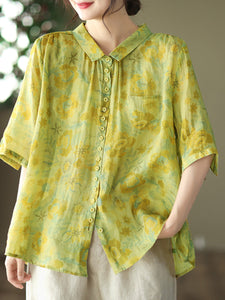 Plus Size Vintage Floral Ramie Casual Summer Women Shirt