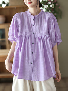 Pleated Casual Short Sleeve Cotton Women Shirt