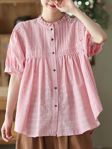 Pleated Casual Short Sleeve Cotton Women Shirt