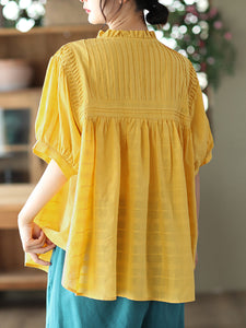 Pleated Casual Short Sleeve Cotton Women Shirt