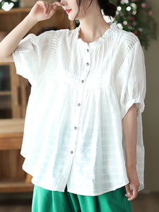 Pleated Casual Short Sleeve Cotton Women Shirt