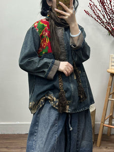 Women Spring Retro Patchwork Loose Denim Shirt