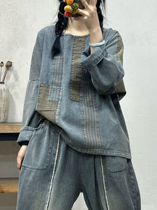 Spring Retro Women Spliced Denim Loose Shirt