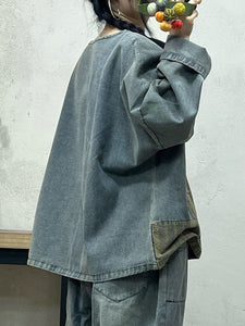 Spring Retro Women Spliced Denim Loose Shirt