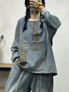 Spring Retro Women Spliced Denim Loose Shirt