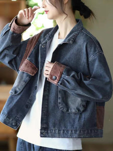 Women Spring Retro Patchwork Button Pocket Denim Coat