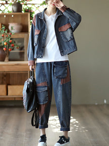 Women Spring Retro Patchwork Button Pocket Denim Coat