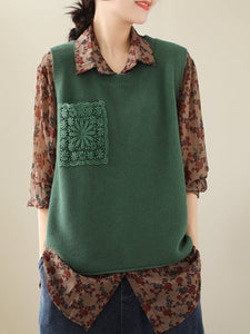 Women Casual Knitted Embroidery Patch Vest