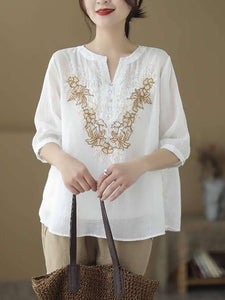 Women Vintage Summer Flower Embroidery Linen Shirt