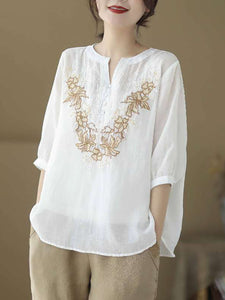 Women Vintage Summer Flower Embroidery Linen Shirt