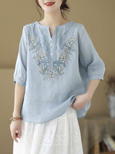 Load image into Gallery viewer, Women Vintage Summer Flower Embroidery Linen Shirt