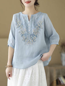 Women Vintage Summer Flower Embroidery Linen Shirt