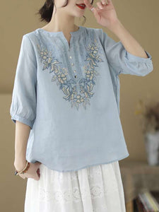 Women Vintage Summer Flower Embroidery Linen Shirt