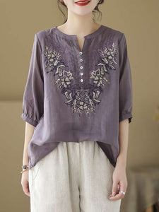 Women Vintage Summer Flower Embroidery Linen Shirt