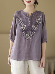 Women Vintage Summer Flower Embroidery Linen Shirt