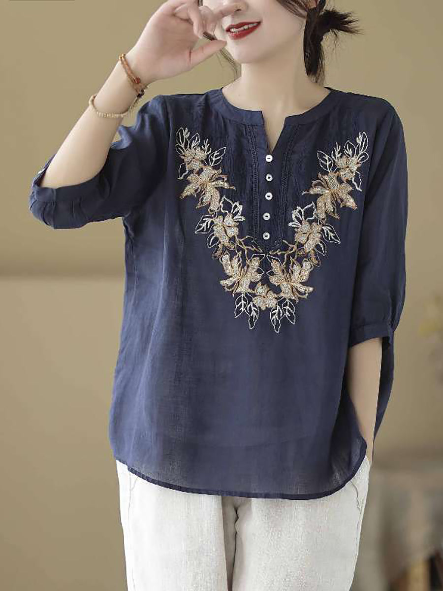 Women Vintage Summer Flower Embroidery Linen Shirt