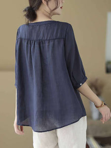 Women Vintage Summer Flower Embroidery Linen Shirt