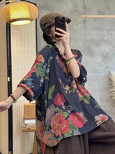 Load image into Gallery viewer, Plus Size Women Summer Casual Flower Button Loose Pullover Shirt