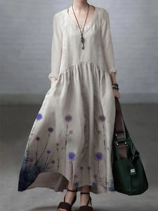 Simple and Loose V-neck Cotton and Linen Dress