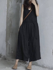 Women Summer Casual Solid Pocket Loose Linen Vest Jumpsuits