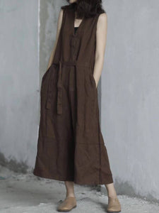 Women Summer Casual Solid Pocket Loose Linen Vest Jumpsuits