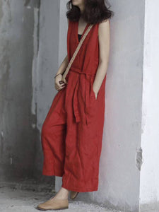 Women Summer Casual Solid Pocket Loose Linen Vest Jumpsuits