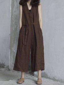 Women Summer Casual Solid Pocket Loose Linen Vest Jumpsuits