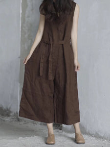 Women Summer Casual Solid Pocket Loose Linen Vest Jumpsuits