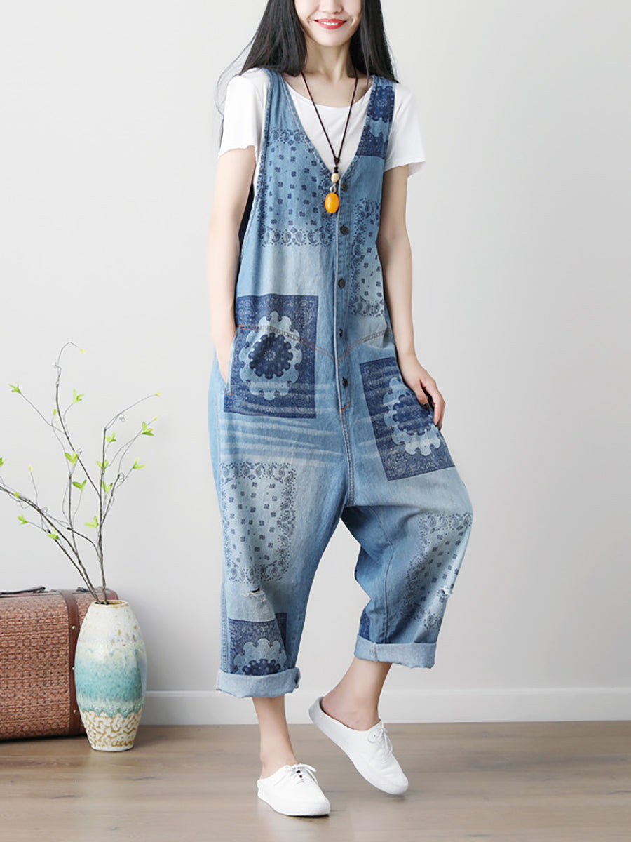 Women Summer Flower Print Button Loose Denim Jumpsuits