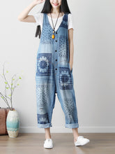 Load image into Gallery viewer, Women Summer Flower Print Button Loose Denim Jumpsuits