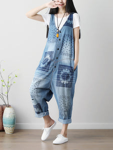 Women Summer Flower Print Button Loose Denim Jumpsuits