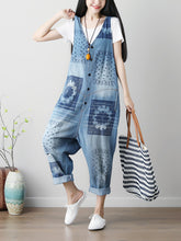 Load image into Gallery viewer, Women Summer Flower Print Button Loose Denim Jumpsuits