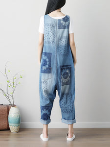 Women Summer Flower Print Button Loose Denim Jumpsuits