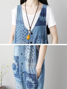 Women Summer Flower Print Button Loose Denim Jumpsuits