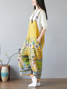 Women Summer Vintage Flower Print Pocket Denim Jumpsuits