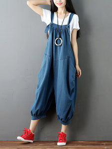 Women Solid Loose Stitching Pocket Hanging Crotch Denim Jumpsuits