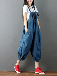 Women Solid Loose Stitching Pocket Hanging Crotch Denim Jumpsuits