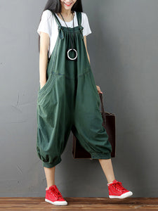 Women Solid Loose Stitching Pocket Hanging Crotch Denim Jumpsuits