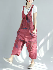 Women Summer Worn Print Pocket V-Neck Loose Denim Jumpsuits