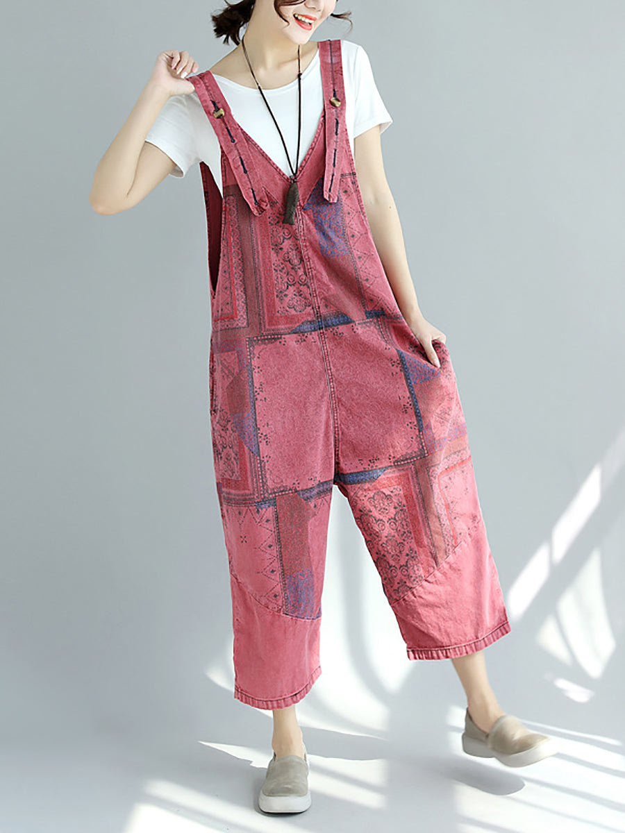 Women Summer Worn Print Pocket V-Neck Loose Denim Jumpsuits