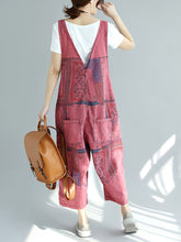 Load image into Gallery viewer, Women Summer Worn Print Pocket V-Neck Loose Denim Jumpsuits