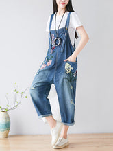 Load image into Gallery viewer, Women Casual Flower Embroidery Frayed Pocket Denim Jumpsuits