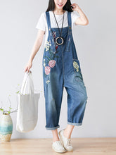 Load image into Gallery viewer, Women Casual Flower Embroidery Frayed Pocket Denim Jumpsuits